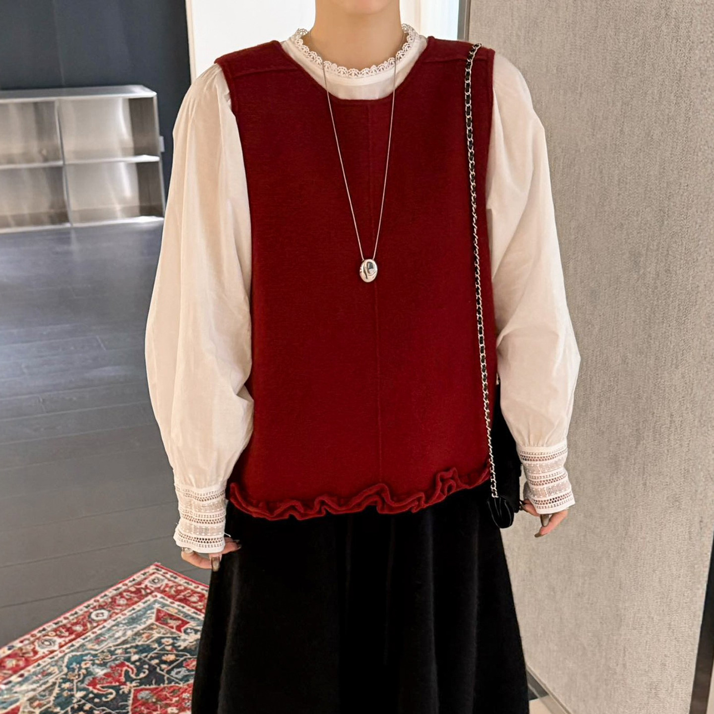 木耳边拼接羊毛针织衫马甲衬衫两件套女欧洲站2025冬装新款欧货潮,女装/女士精品,毛针织衫,淘宝优惠券,粉丝福利购,淘宝优惠卷