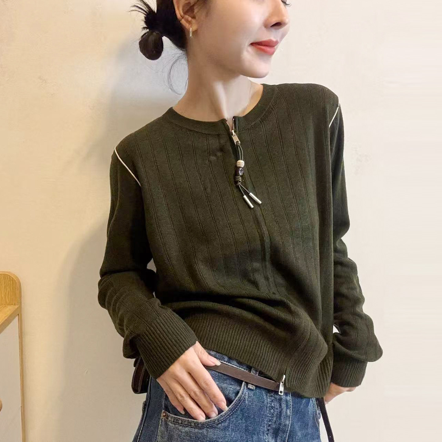 假两件坑条羊毛针织开衫女欧洲站