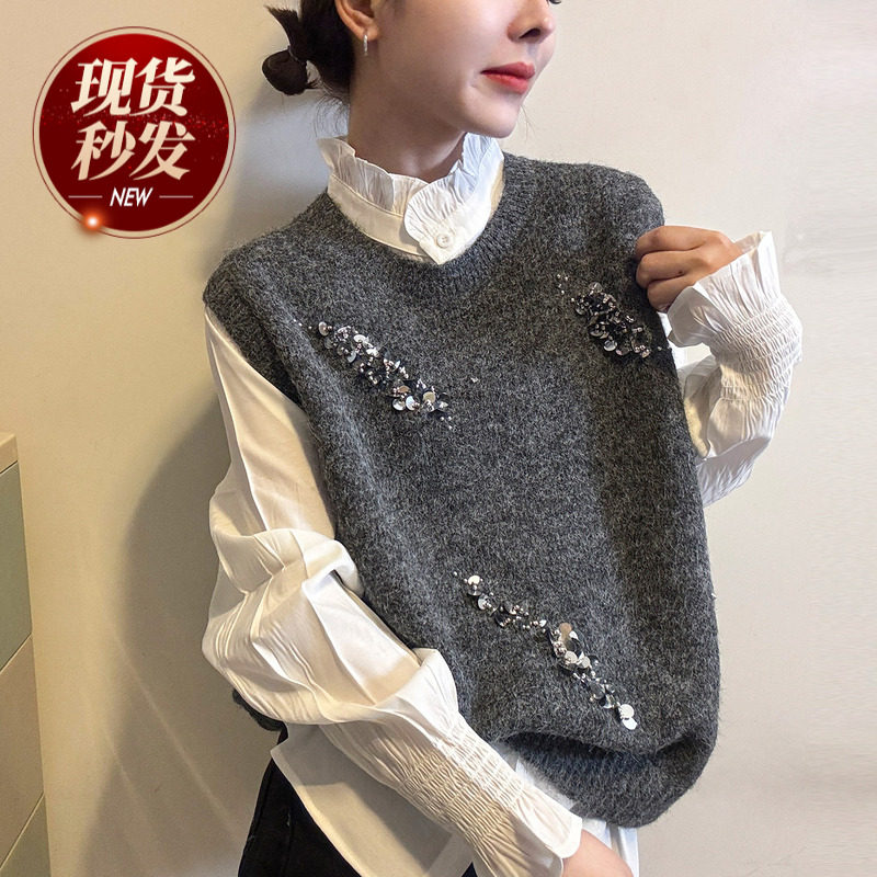 重工亮片羊毛针织马甲背心两件套女欧洲站2025冬装新款欧货女装潮