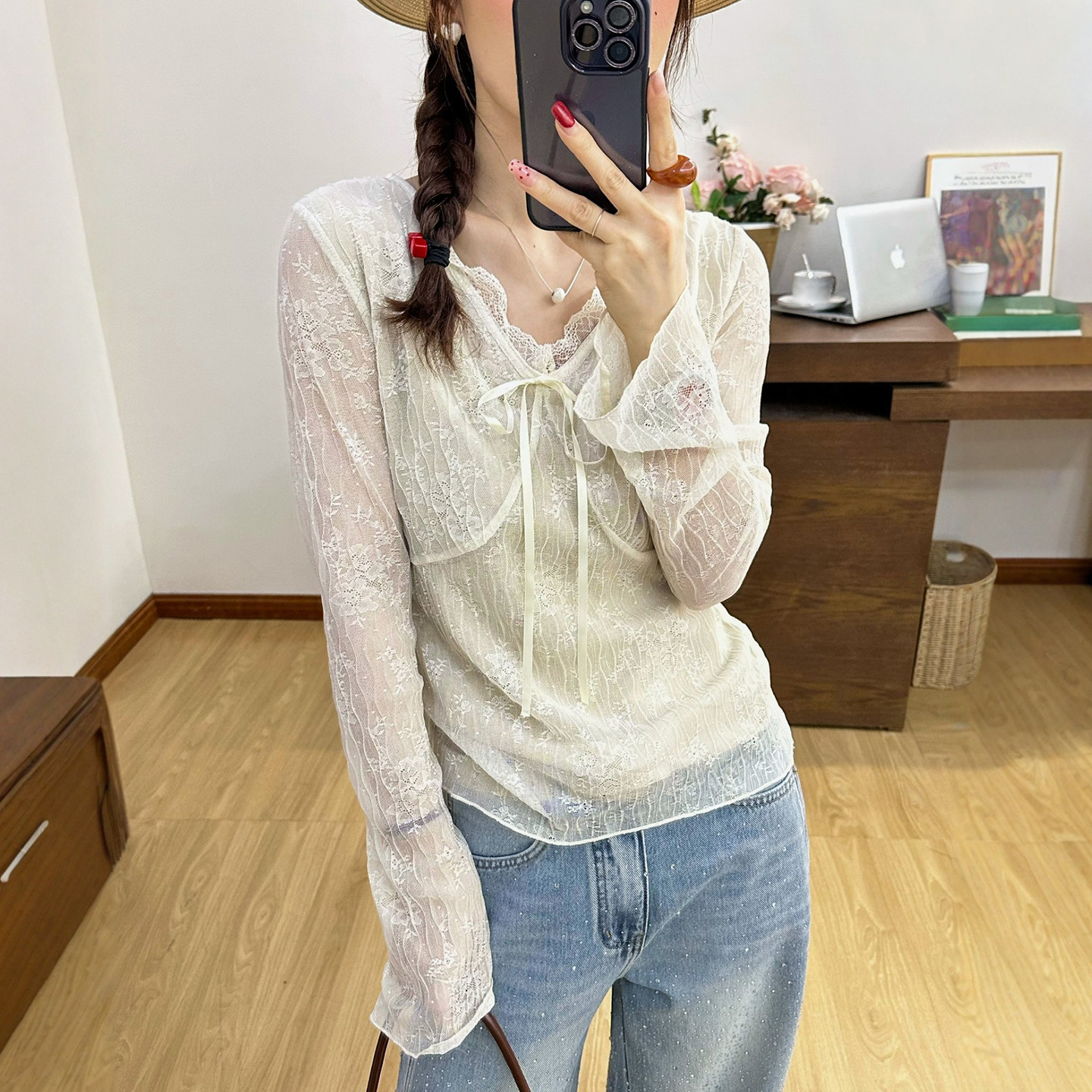 蕾丝网纱系带喇叭袖衬衫女欧洲站