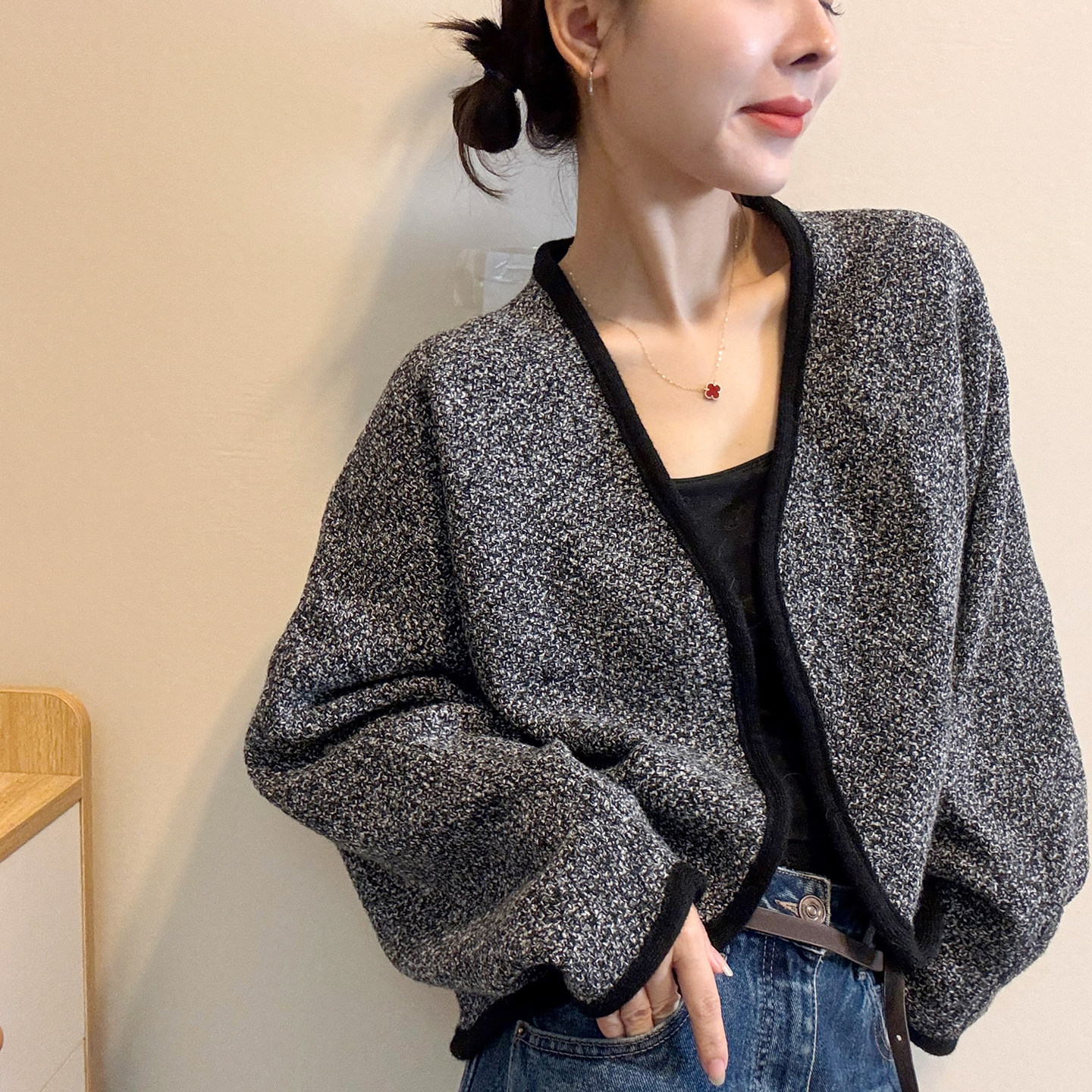 复古杂线V领羊毛针织开衫女欧货