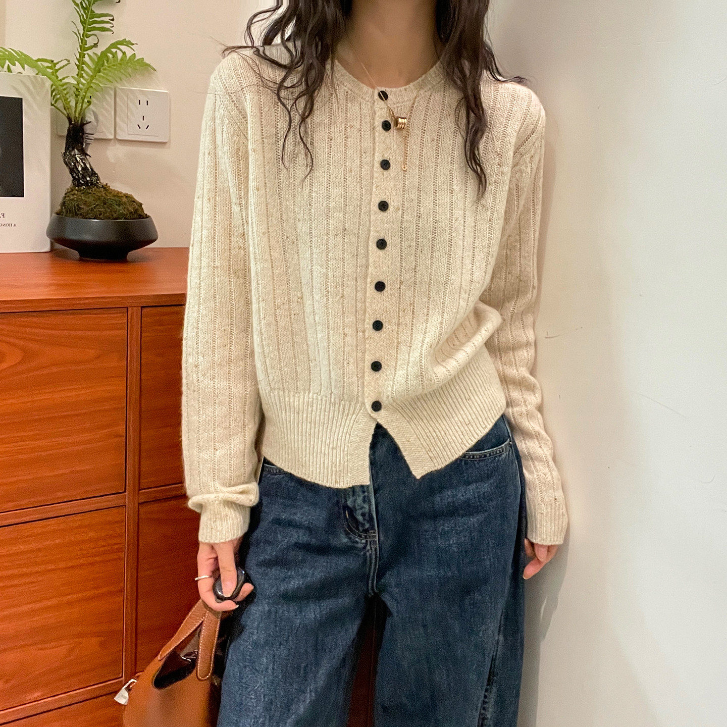 复古杂线绵羊毛针织开衫女欧洲站