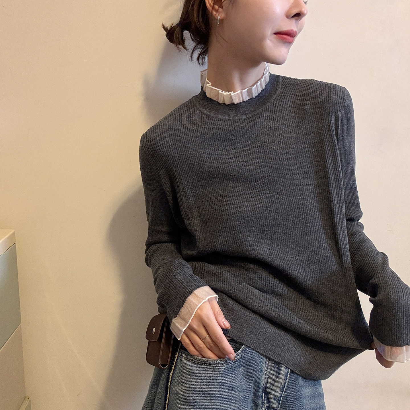 小半高领拼接羊毛针织衫女欧洲站