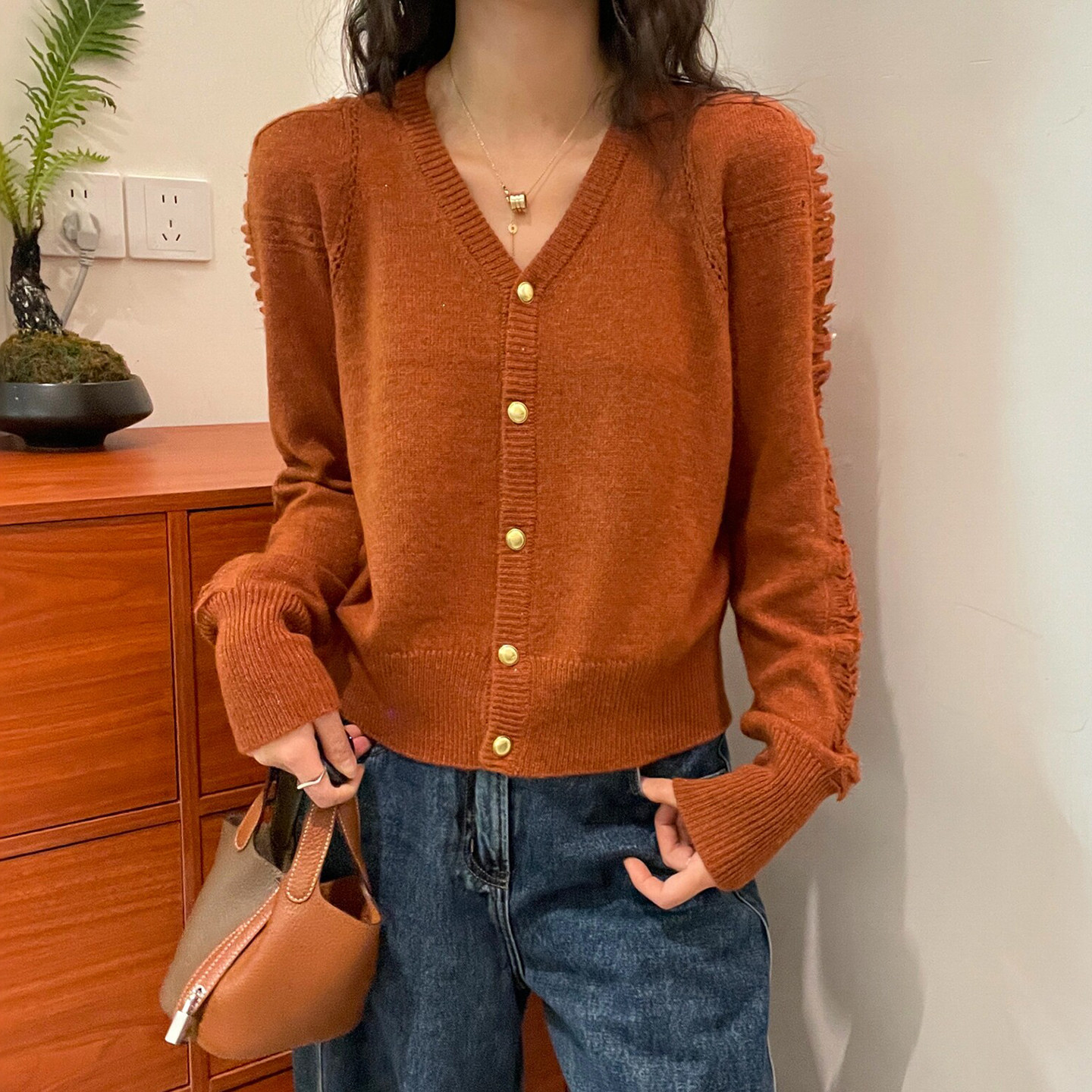 V领山羊绒绵羊毛针织开衫女欧货