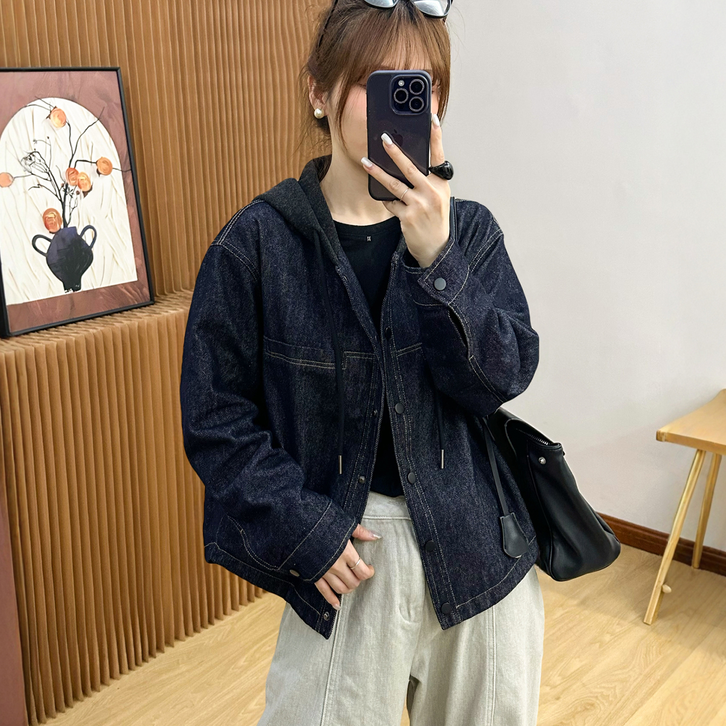 假两件连帽加绒牛仔外套女欧洲站