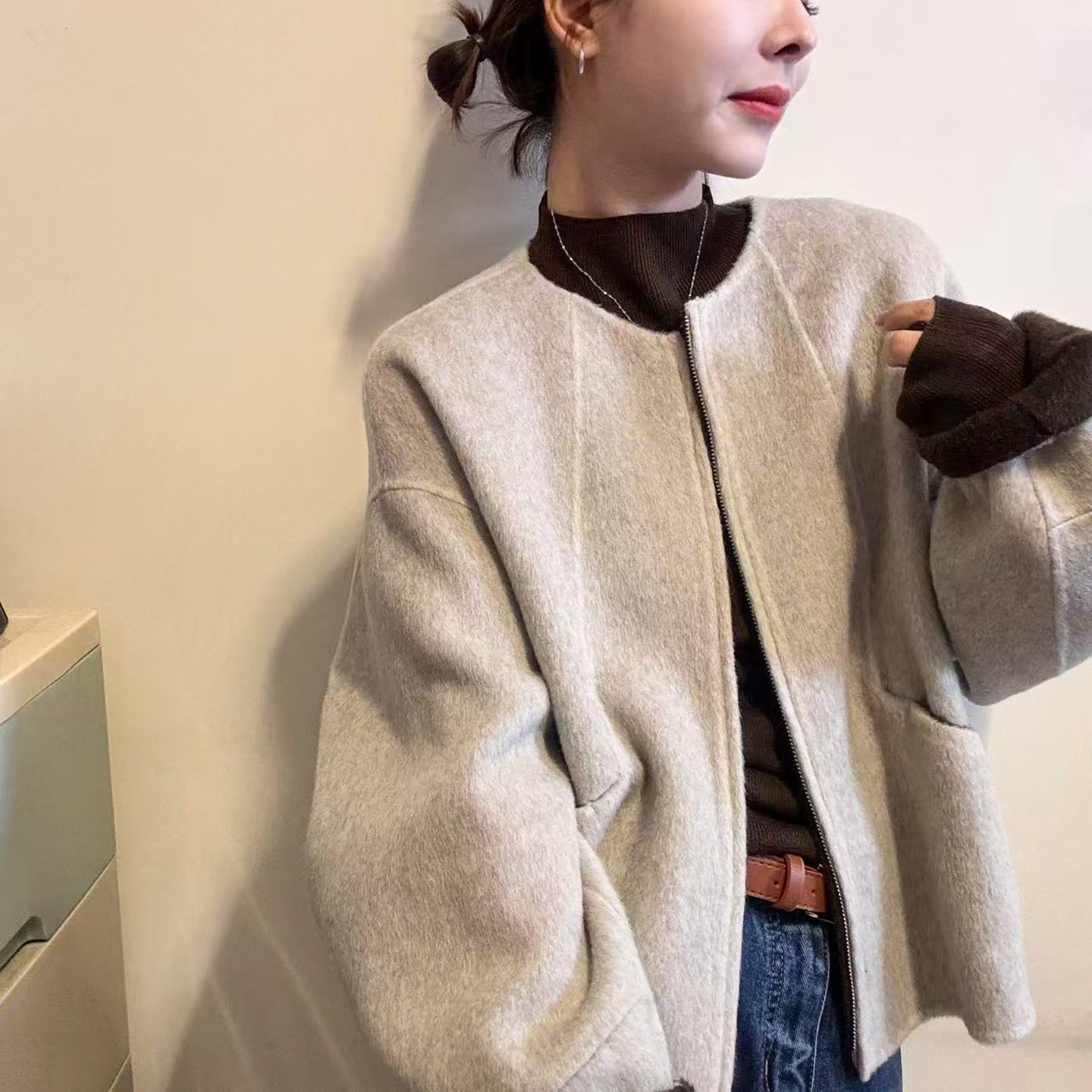 复古圆领双面羊绒大衣女欧货外套