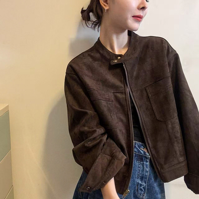 麂皮绒加棉棒球服外套女欧货夹克