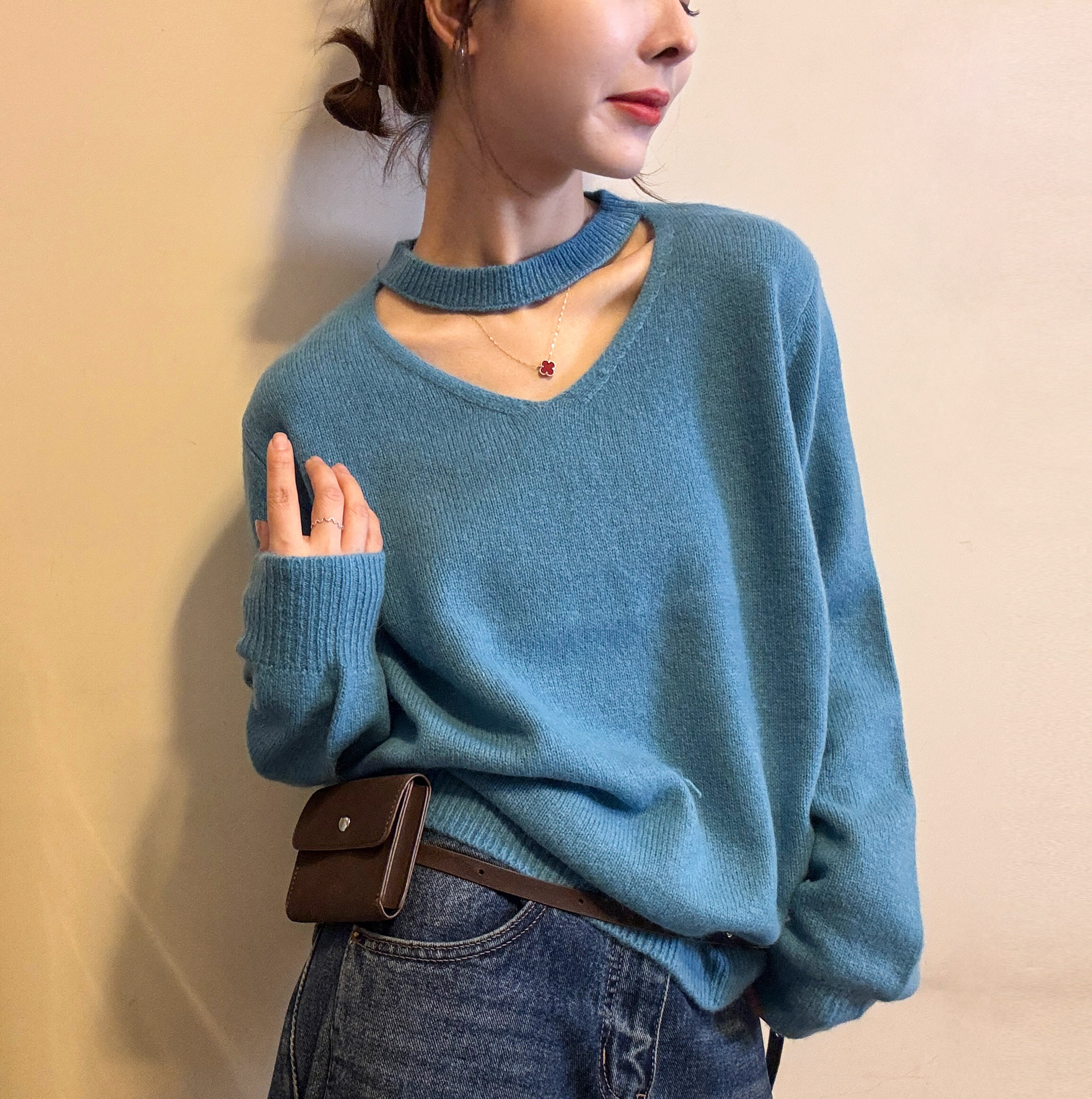 镂空挂脖羊毛针织衫女欧洲站上衣