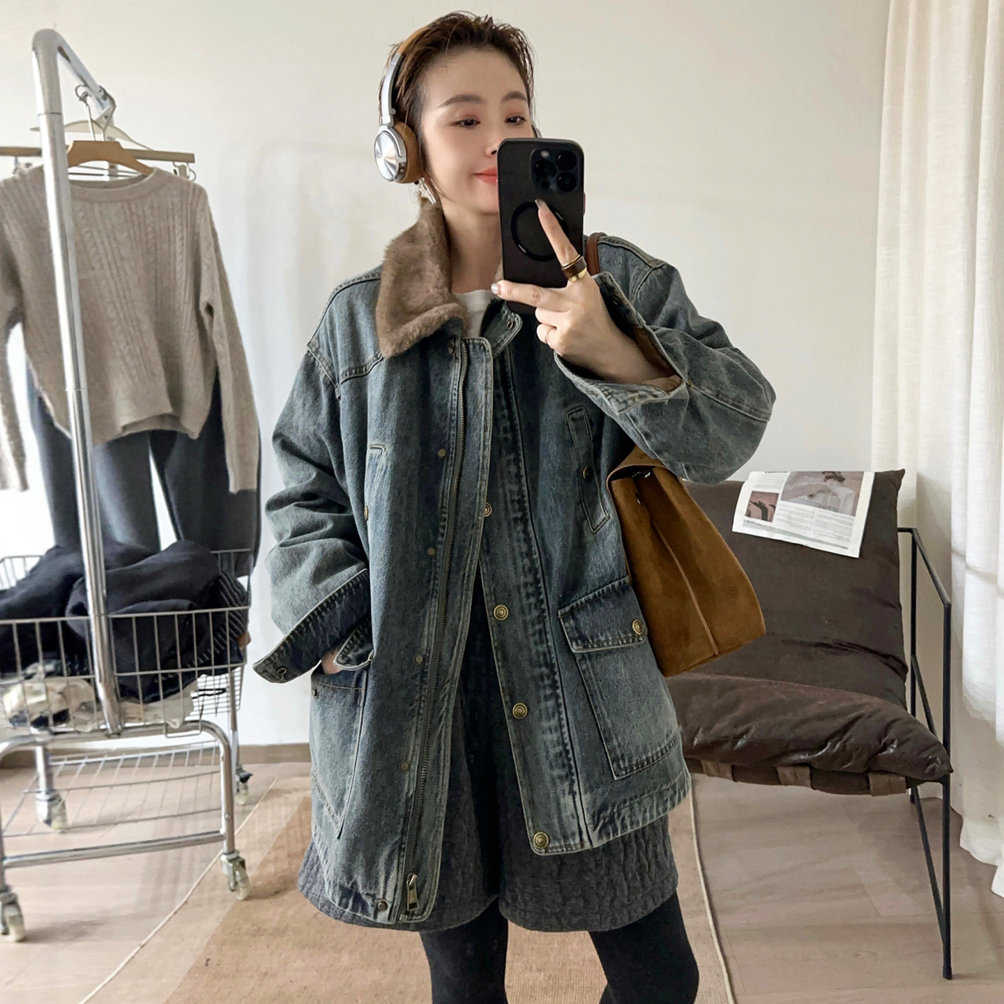 复古做旧翻领牛仔羽绒服女欧洲站