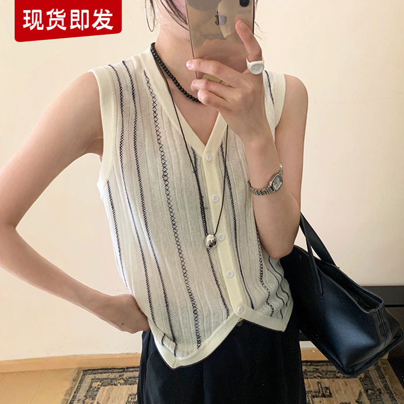 竖条纹V领冰丝针织开衫女欧洲站2025夏装新款欧货女装马甲背心潮