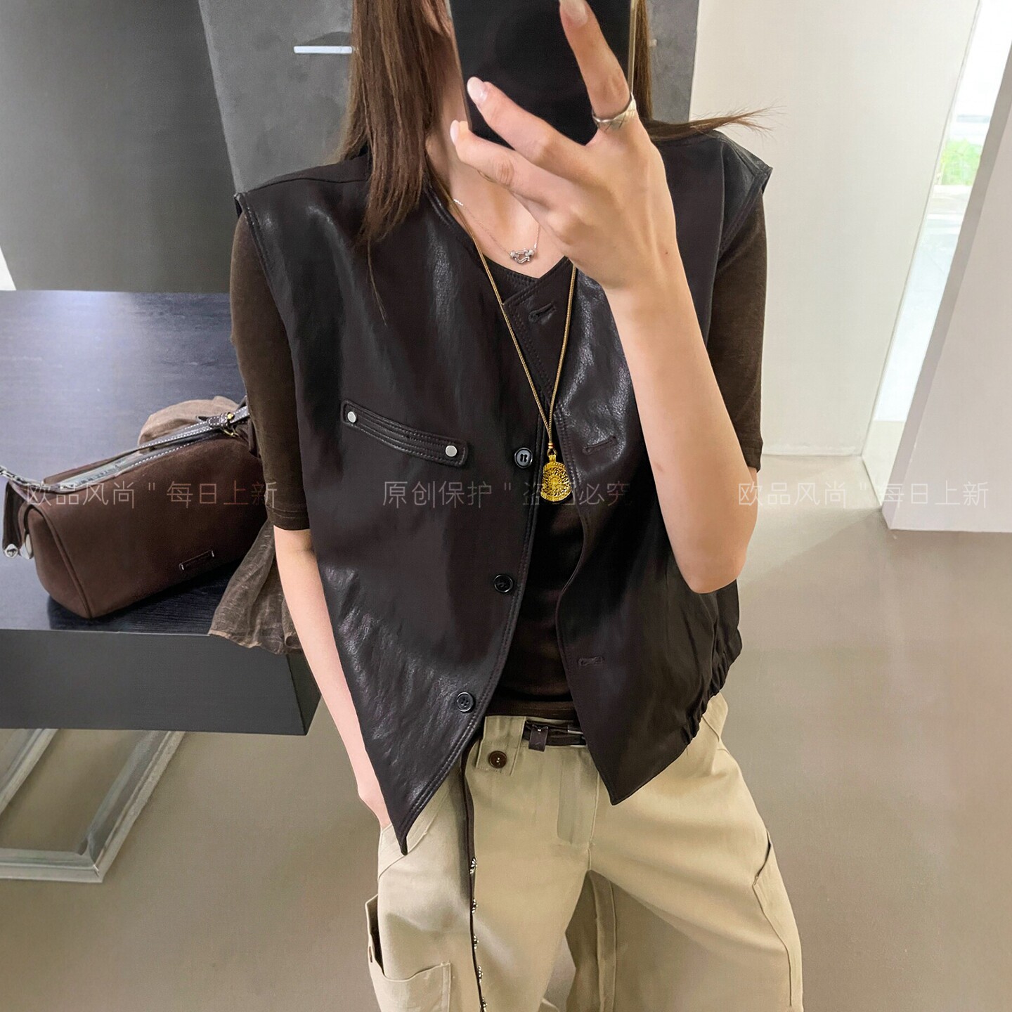 复古蛋白皮PU皮衣马甲外套女欧货