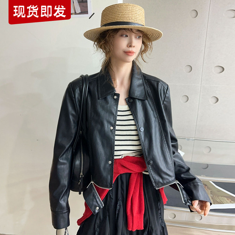 复古翻领PU皮衣夹克女欧洲站2025早春新款欧货女装时尚短款外套潮
