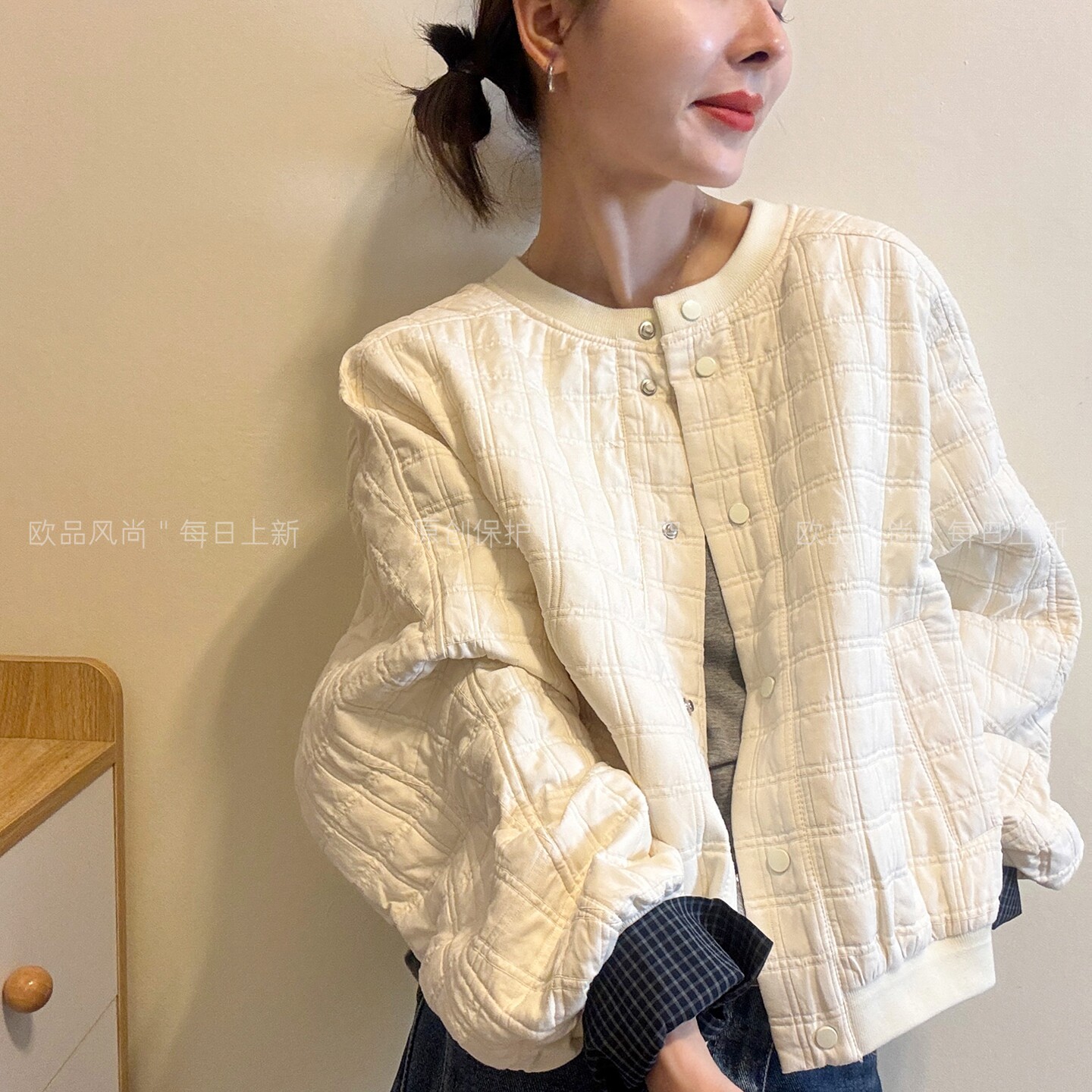 复古压格棒球服开衫外套女欧洲站