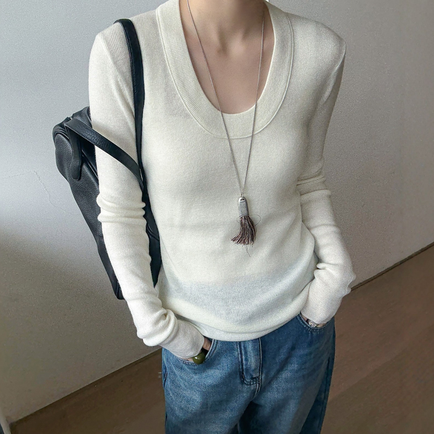 复古U领羊毛针织打底衫女欧洲站2025冬装新款欧货女装洋气小衫潮,女装/女士精品,毛针织衫,淘宝优惠券,粉丝福利购,淘宝优惠卷