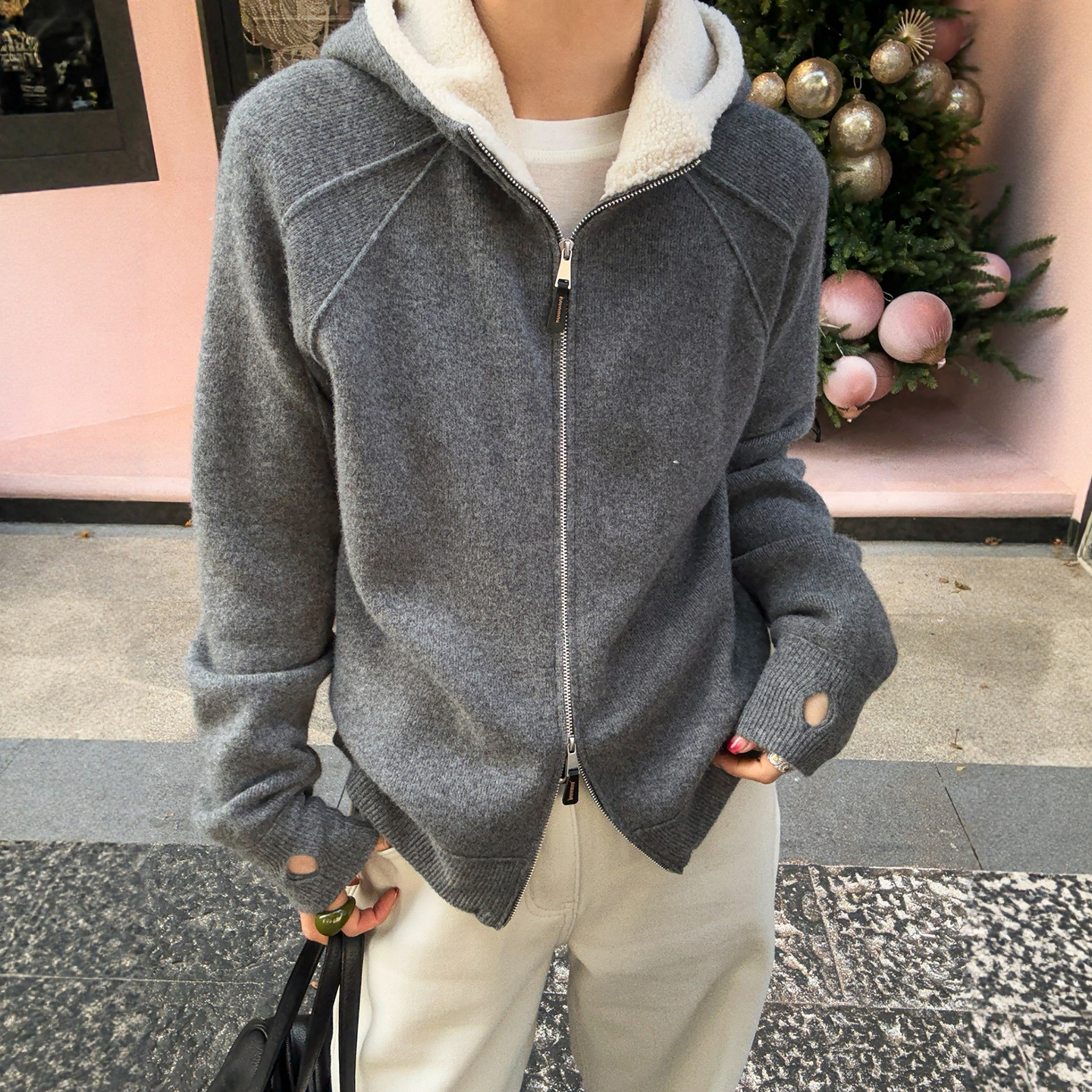 羊羔毛连帽羊毛针织开衫女欧洲站