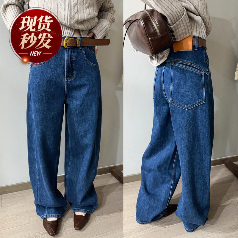 复古拖地弯刀加绒牛仔裤女欧洲站2025冬装新款欧货女装阔腿裤子潮