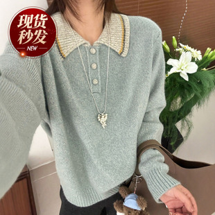 打底小衫 撞色翻领杂线羊毛针织衫 欧货女装 新款 潮 女欧洲站2025冬装