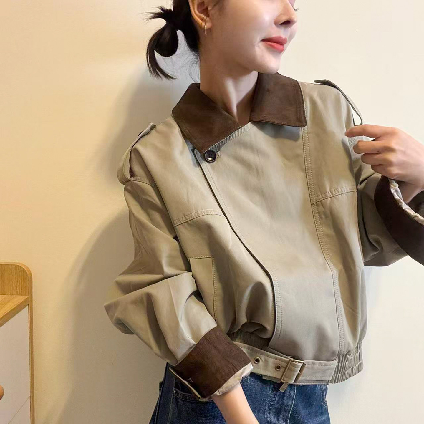 不规则斜扣翻领风衣外套女欧洲站