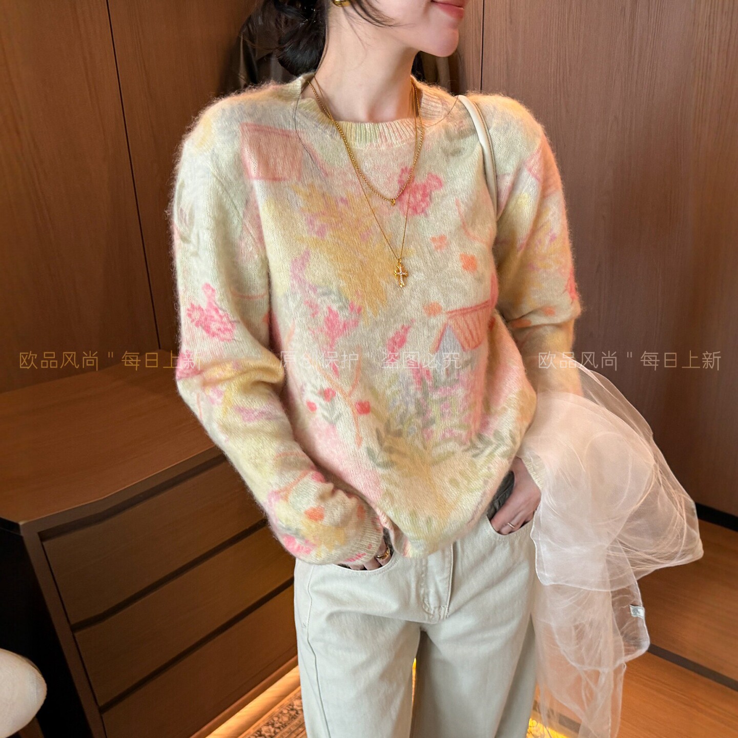 植物印花拉毛羊绒针织衫女欧洲站