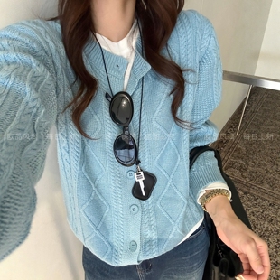 菱形格浣熊绒针织开衫女欧洲站2026秋季新款欧货女装时尚毛衣外套