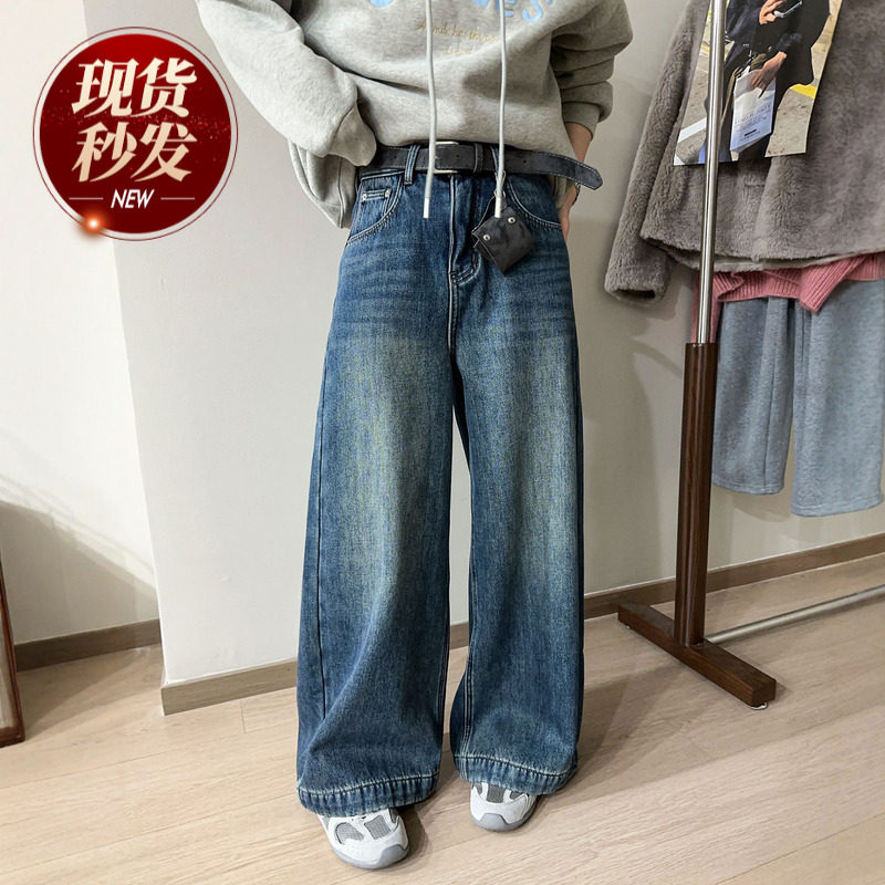 复古做旧加绒阔腿牛仔裤女欧洲站2025冬装新款欧货女装直筒裤子潮