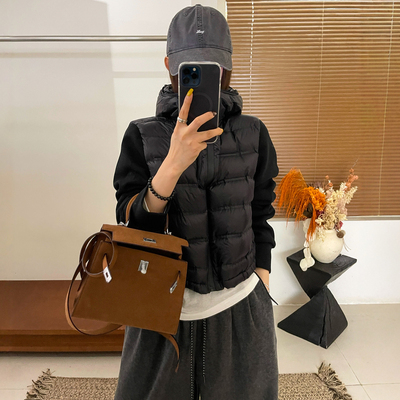 双拉链连帽羽绒服马甲外套女欧货