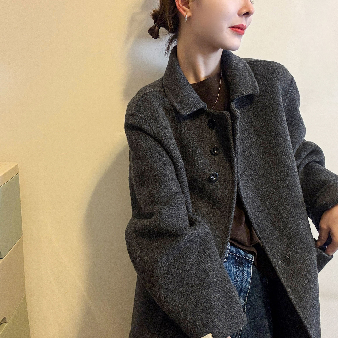 贴标POLO领双面羊绒大衣女欧洲站