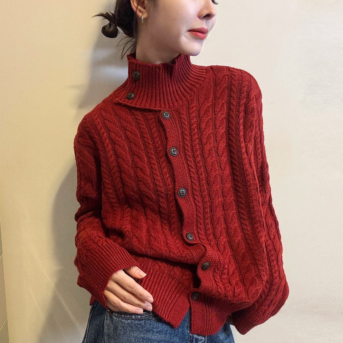 麻花纹高领羊毛针织开衫女欧洲站2025冬装新款欧货女装毛衣外套潮