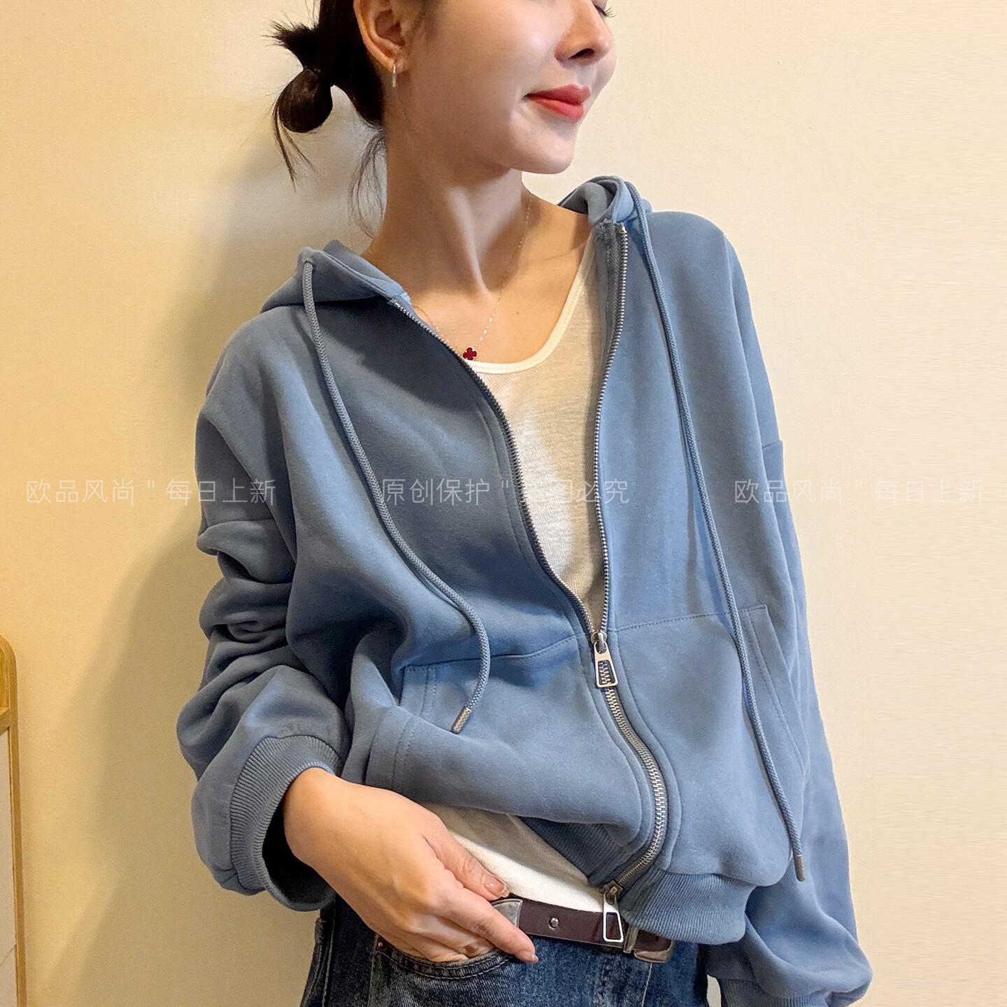 抽绳连帽卫衣开衫短外套女欧洲站