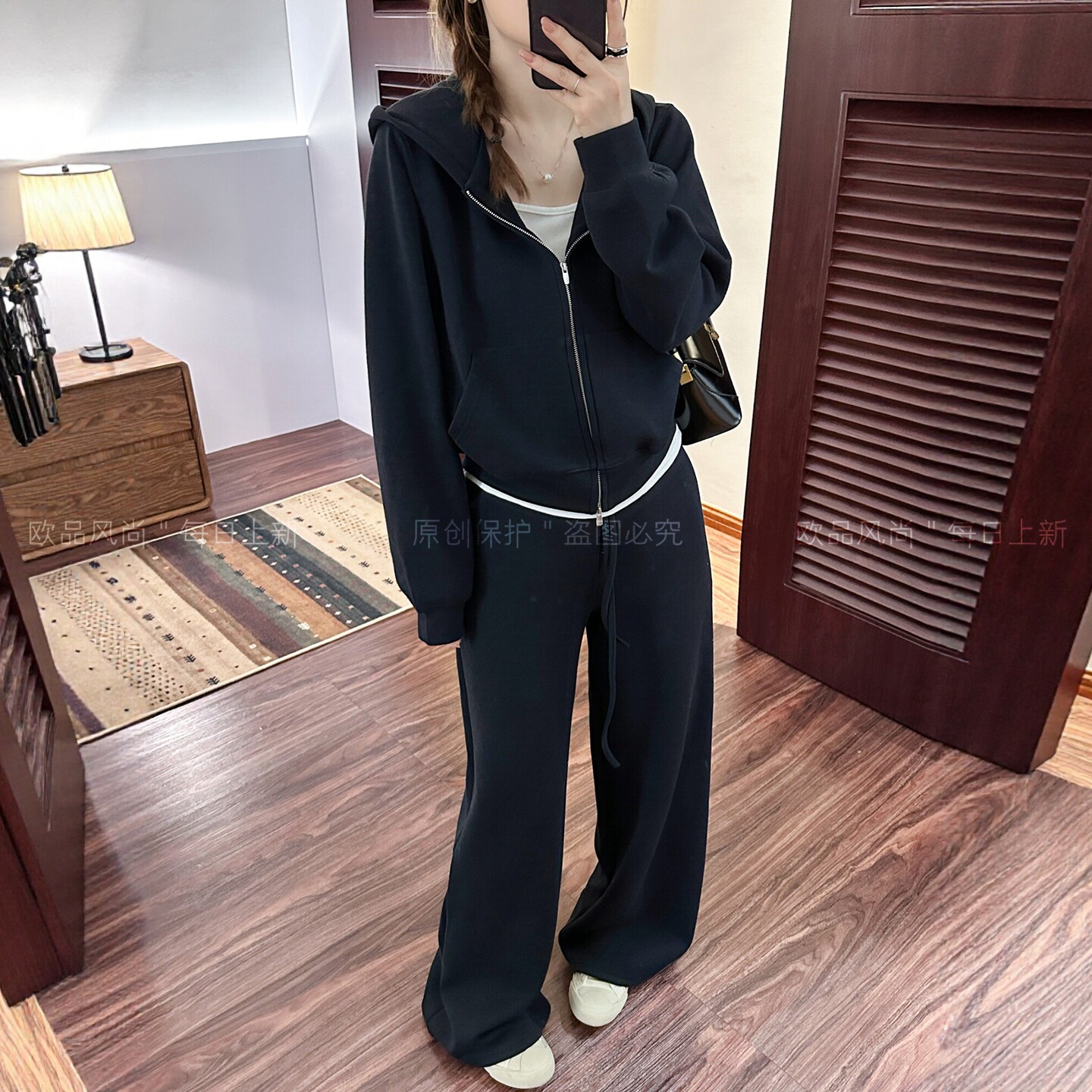 连帽卫衣开衫短外套阔腿裤两件套