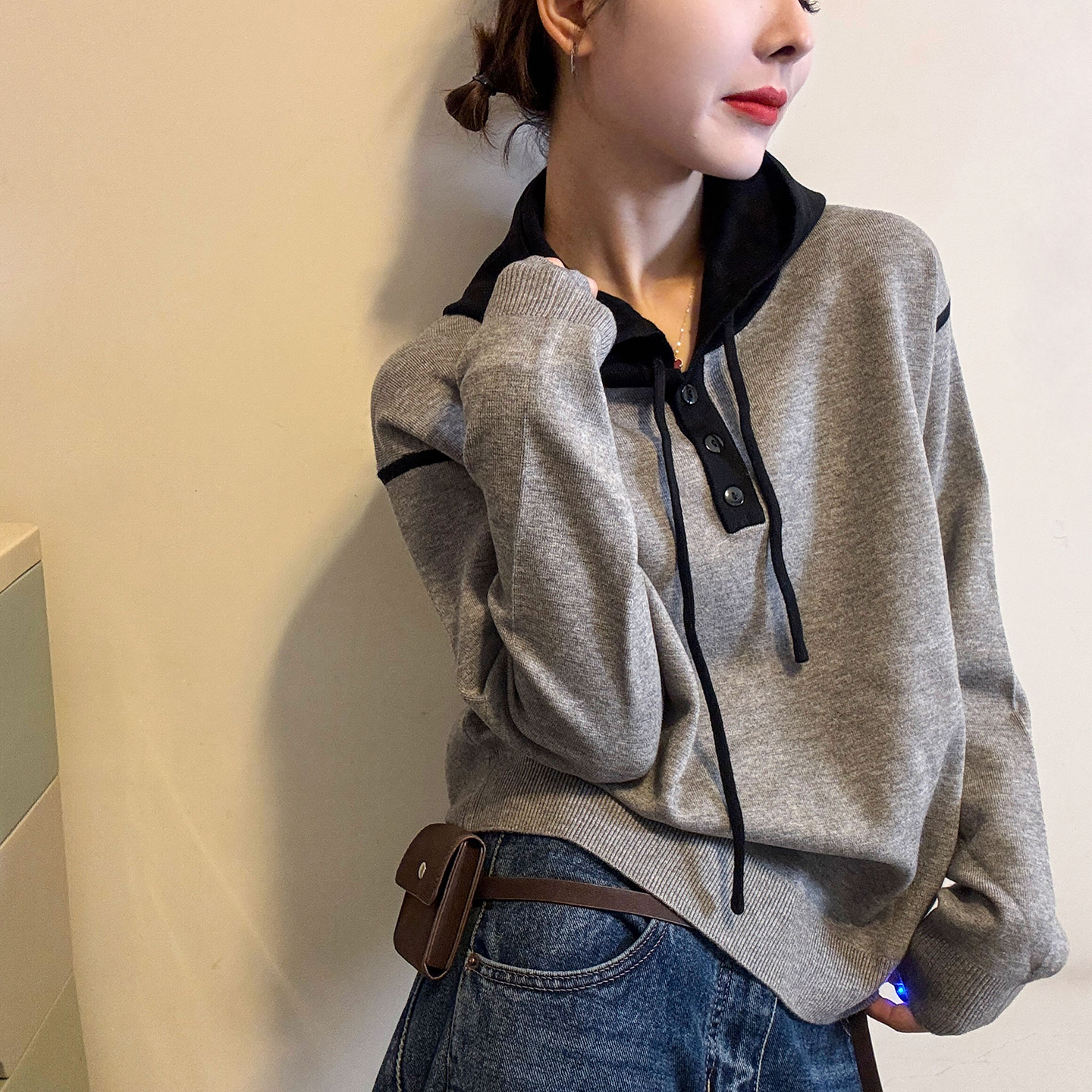 撞色连帽羊毛针织衫上衣女欧洲站