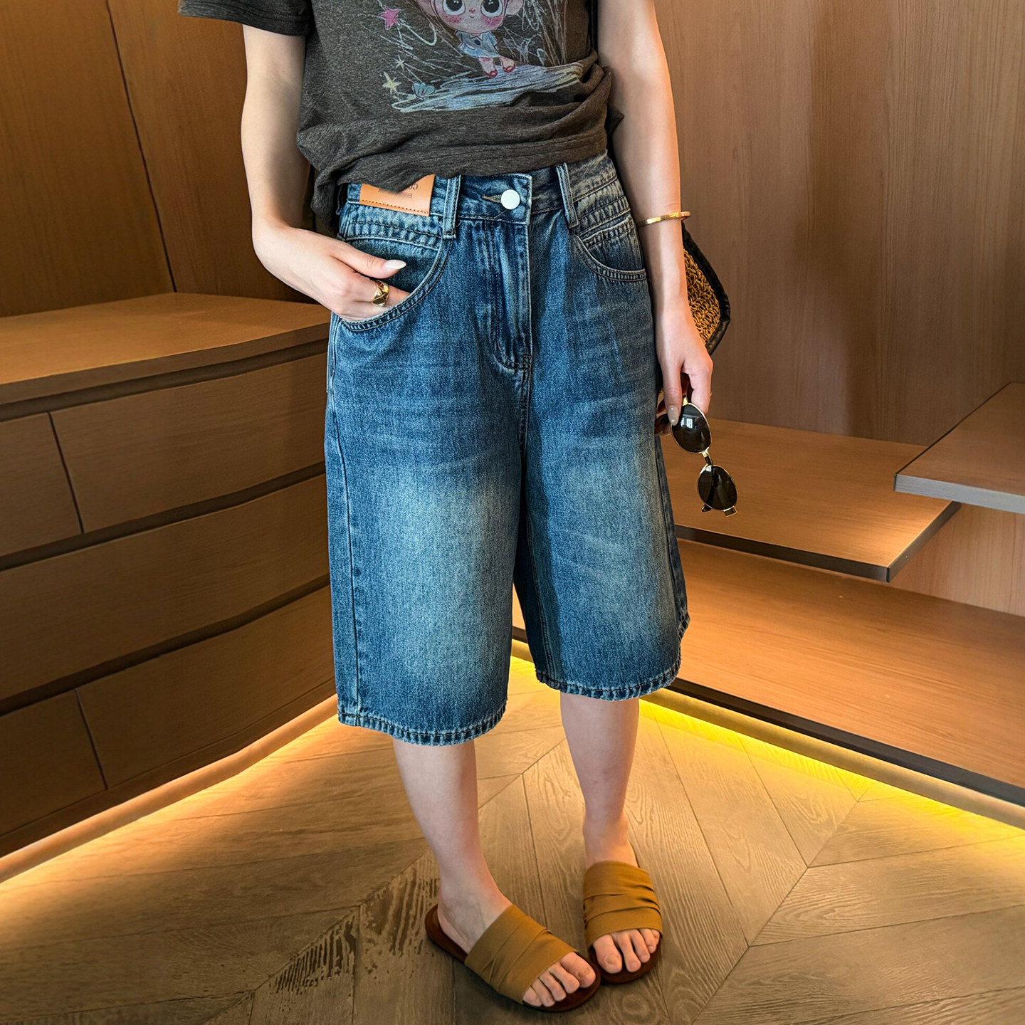 复古贴标阔腿牛仔中裤女欧洲站2026夏季新款欧货女装短裤五分裤潮