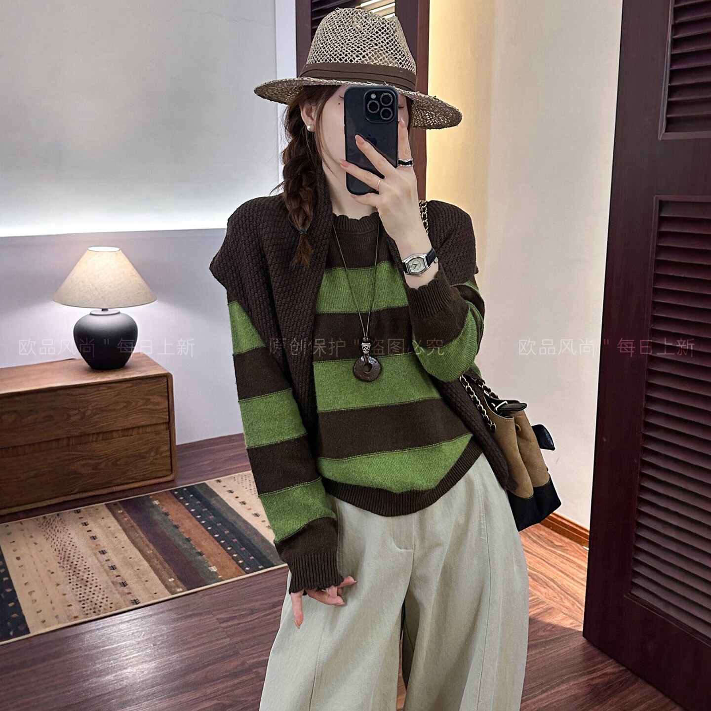 条纹木耳边绵羊毛针织衫女欧洲站
