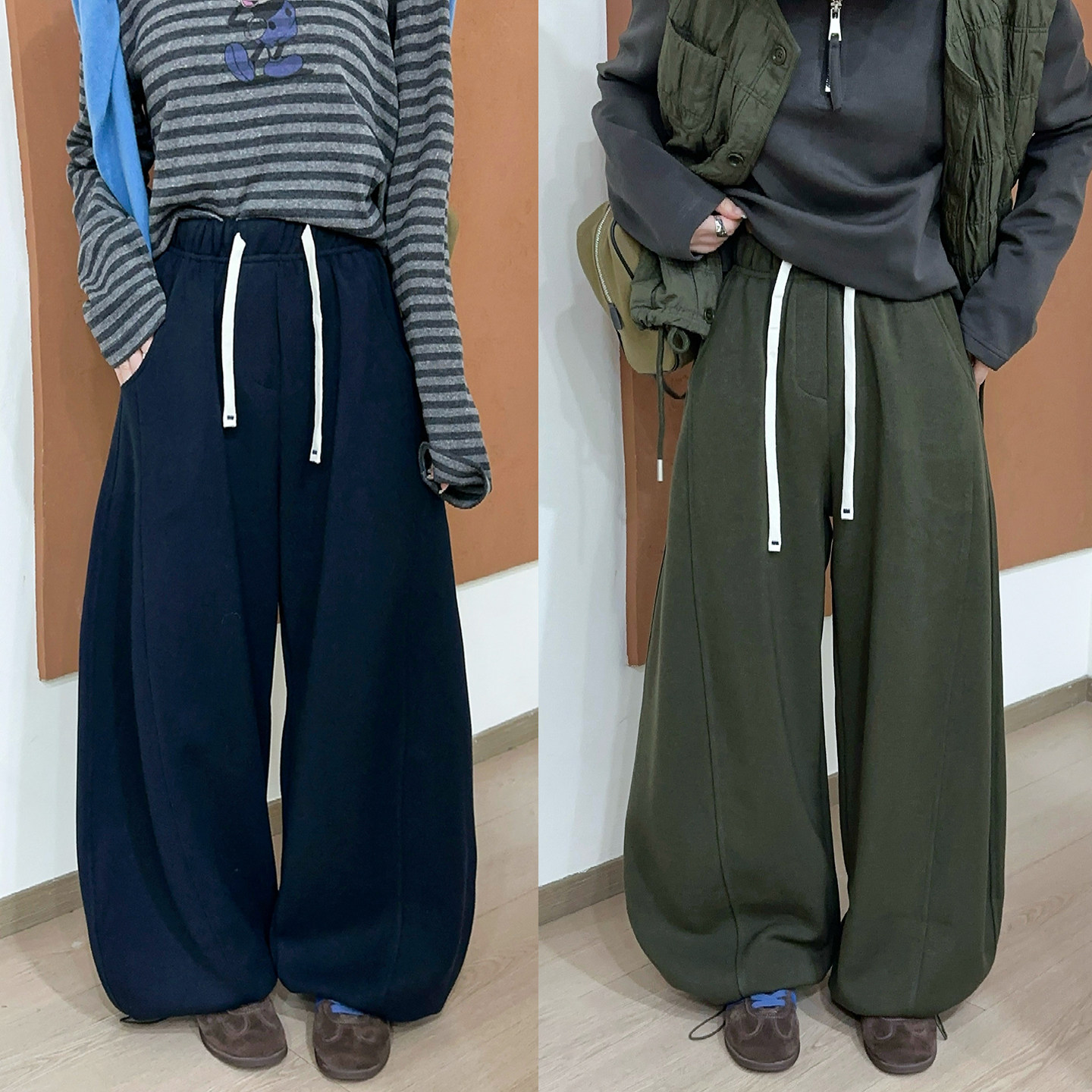 抽绳系带拖地弯刀阔腿卫裤女欧货