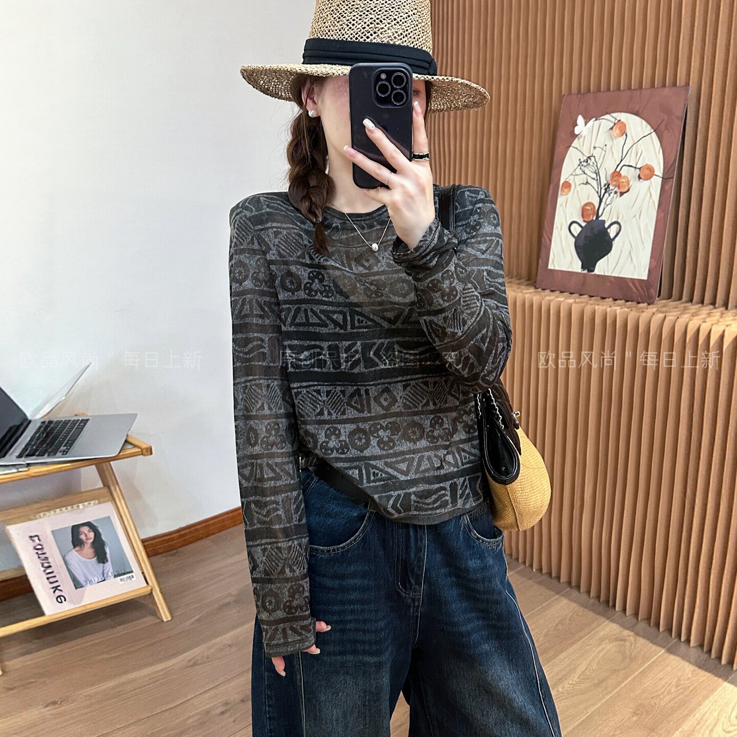 几何图案印花面膜T恤女欧洲站潮