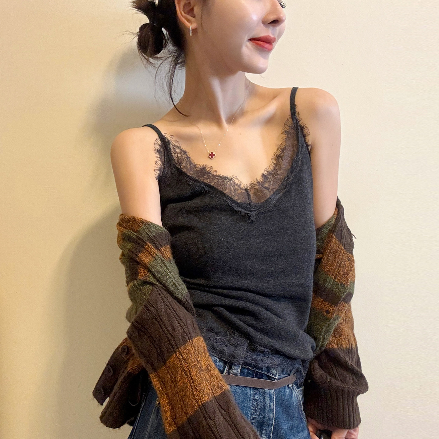 蕾丝V领针织羊毛吊带背心女欧货