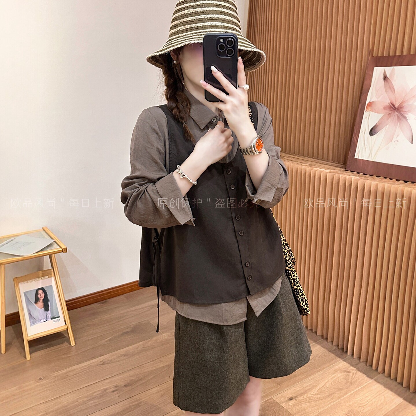 侧边绑带假两件西装衬衫女欧洲站