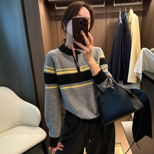 毛衣打底衫 撞色条纹细羊毛针织衫 欧货女装 新款 潮 女欧洲站2025冬装