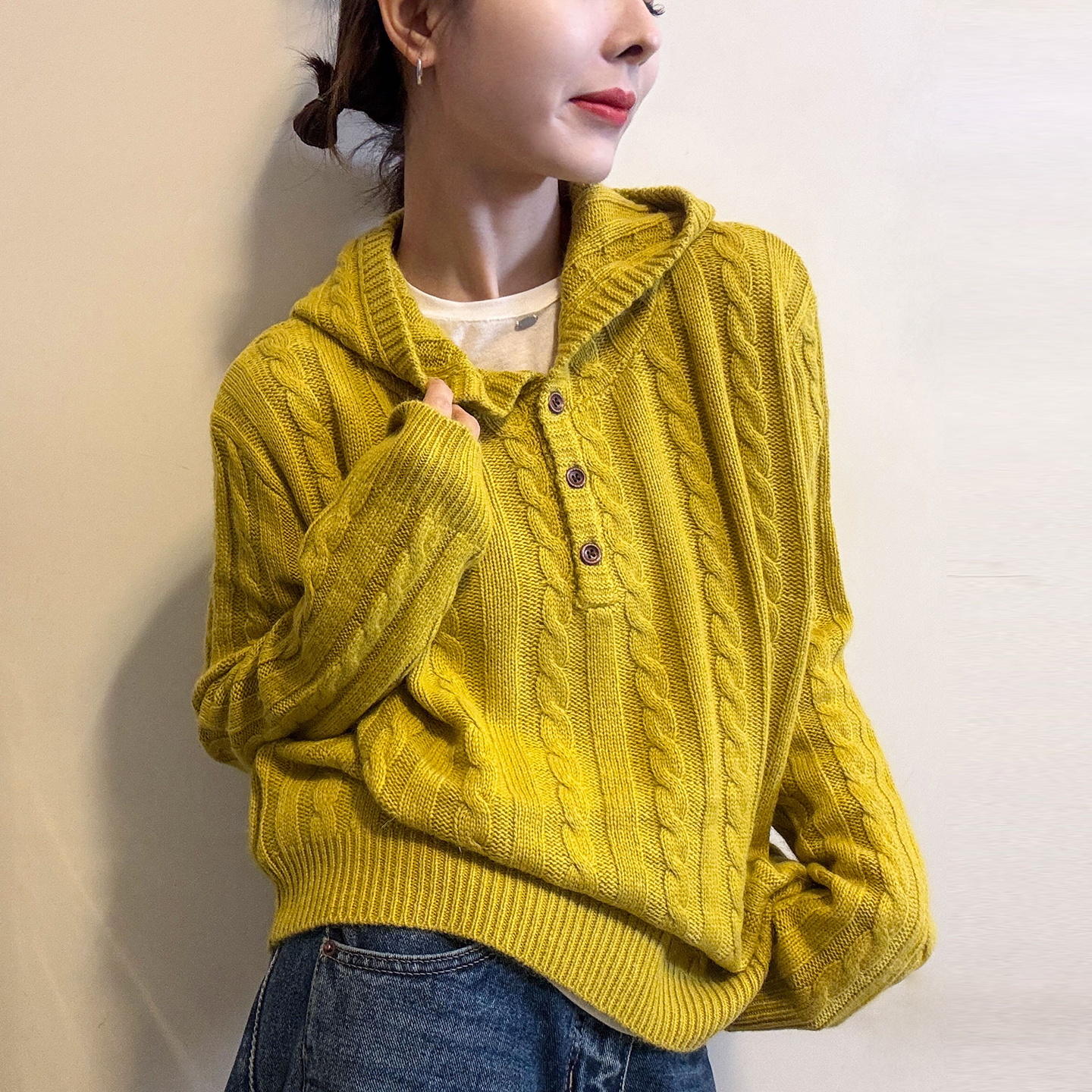 麻花纹连帽羊毛针织衫女欧货毛衣