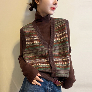 欧货女装 新款 潮 马甲两件套女欧洲站2025冬装 复古提花羊毛针织开衫