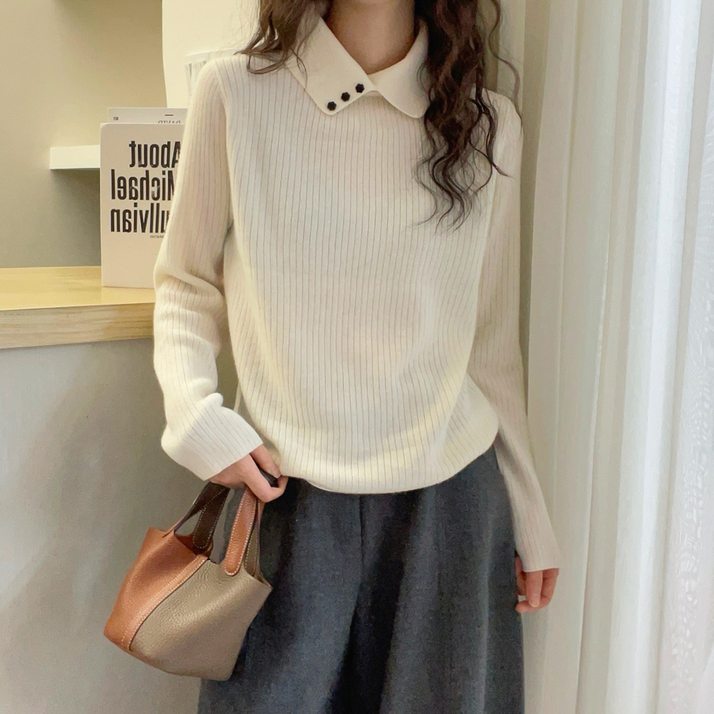 复古翻领羊绒针织衫女欧洲站上衣