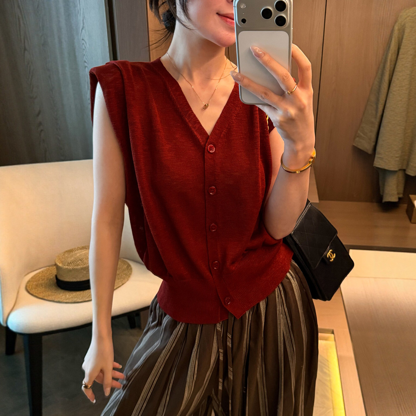 垫肩V领冰丝针织开衫女欧洲站潮