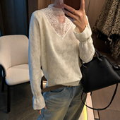 女欧洲站2025冬装 新款 欧货女装 蕾丝钩花高领羊毛针织衫 打底小衫 潮