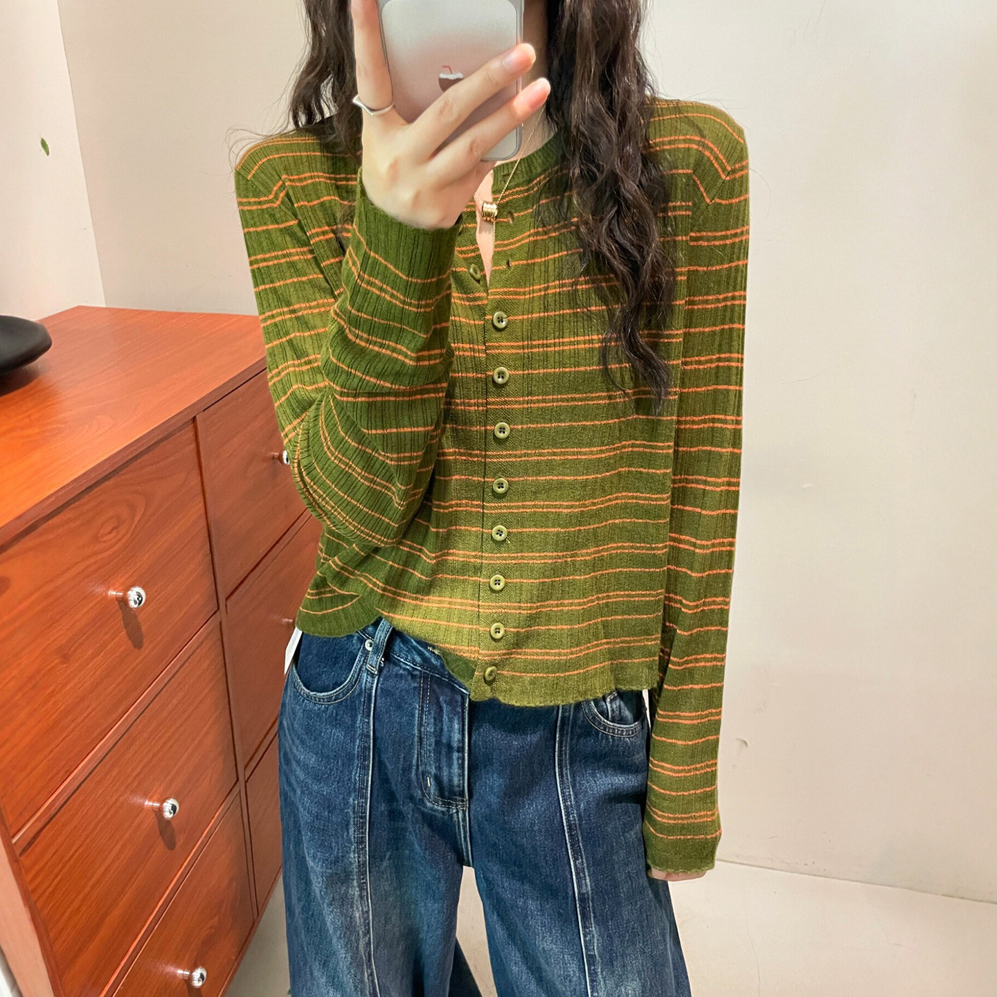 撞色条纹细羊毛针织开衫女欧洲站