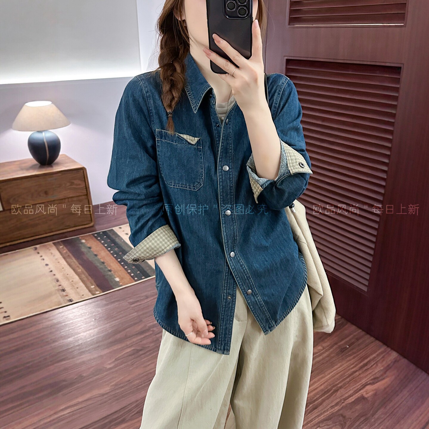 复古翻边加绒牛仔衬衫女欧货上衣