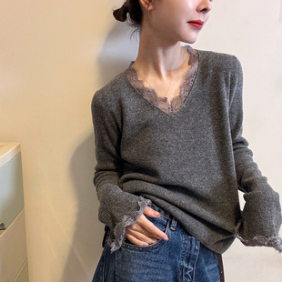 蕾丝V领细羊毛针织衫女欧洲站2025冬装新款欧货女装时尚打底衫潮