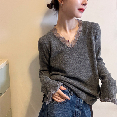 蕾丝V领细羊毛针织衫女欧货打底