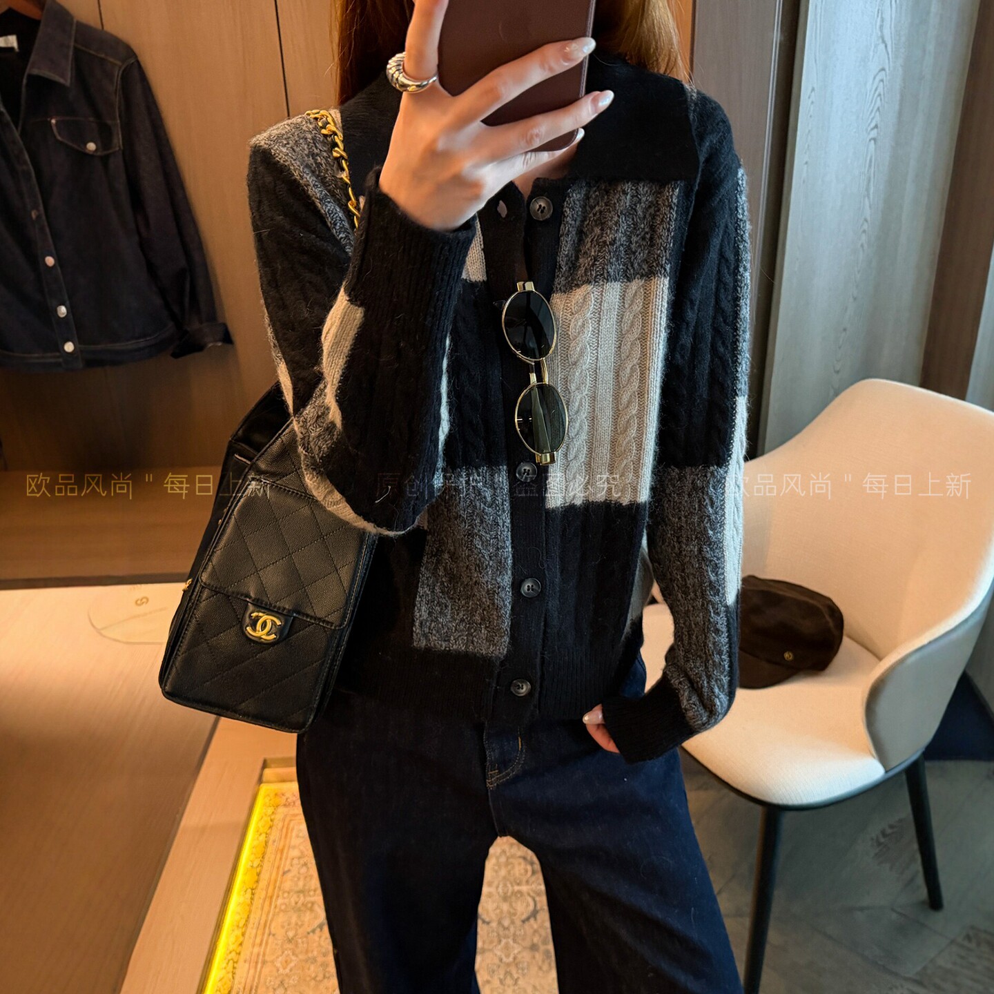 撞色格子翻领羊毛针织开衫女欧货