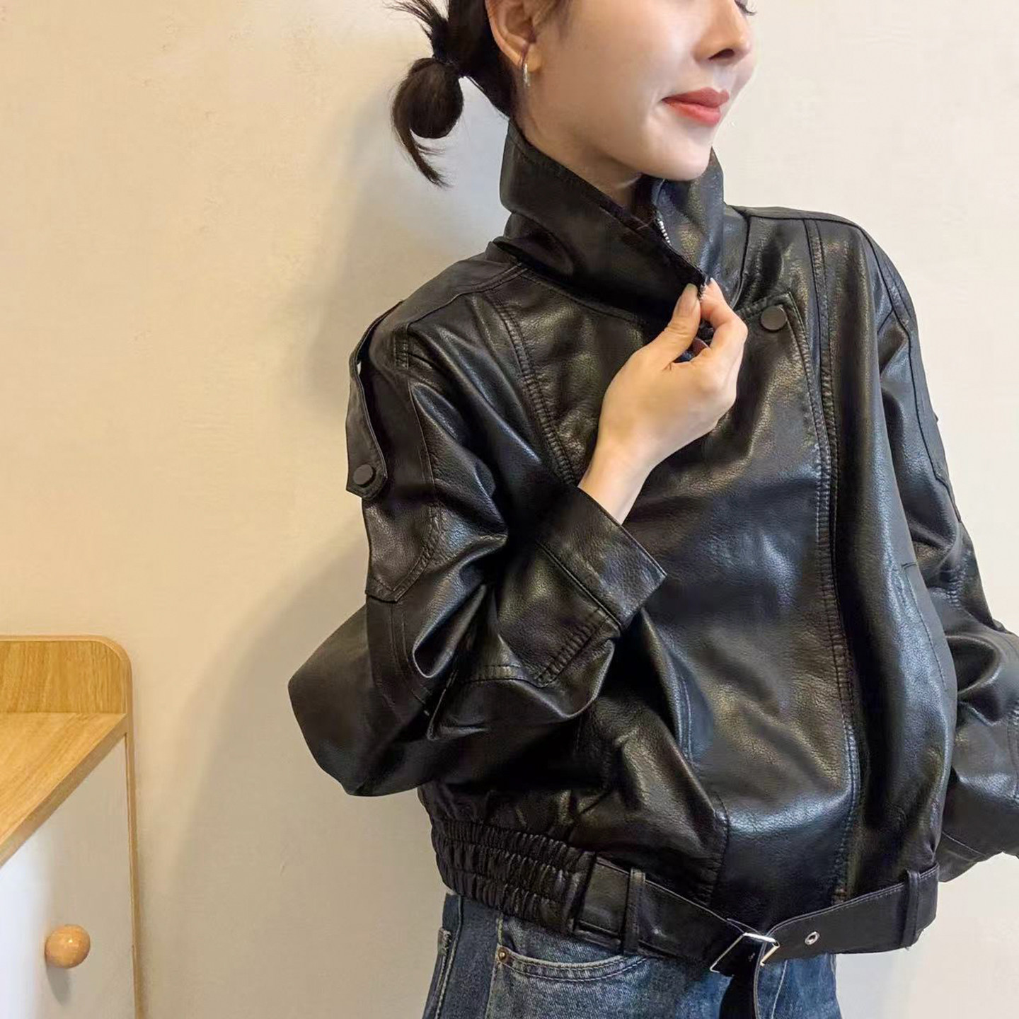 翻领蛋白皮PU皮衣外套女欧洲站