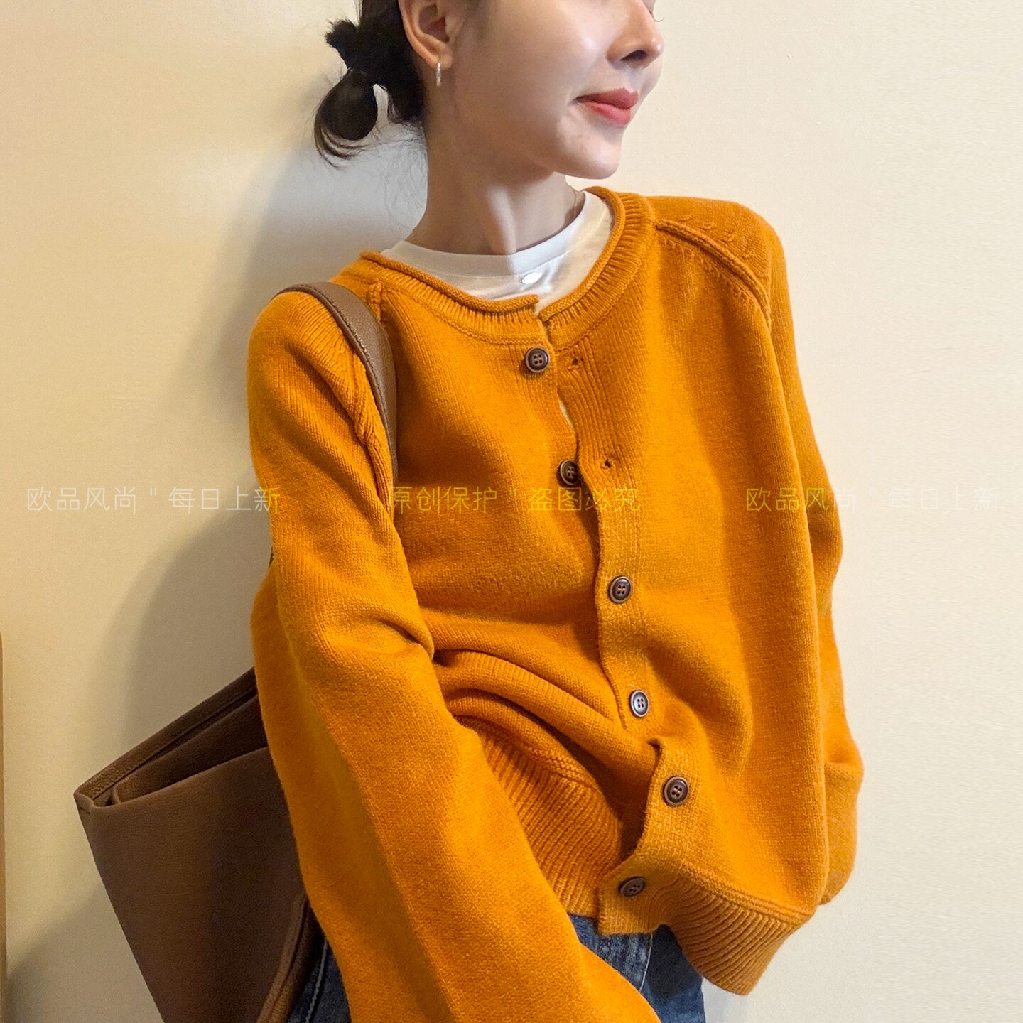 复古卷边羊毛针织开衫女欧货毛衣